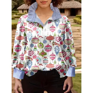 Womens Festive V Neck Blouse Slim Fit Long Sleeve Printed Top Elegant Casual Shirt for New Year March Madness Holiday Party