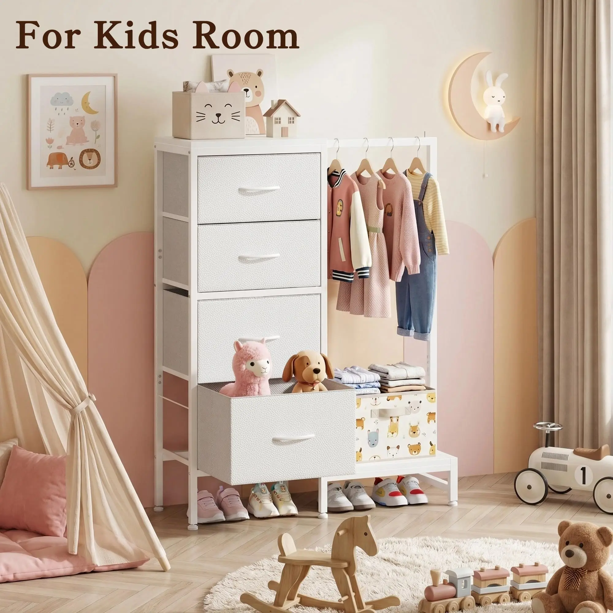 Dresser with Hanging Rack, 4 Drawers Small Closet for Bedroom, Reversible Fabric Chest of Drawers with Clothes Rack, Tall Storage Tower, Sturdy Frame, White, 44''H