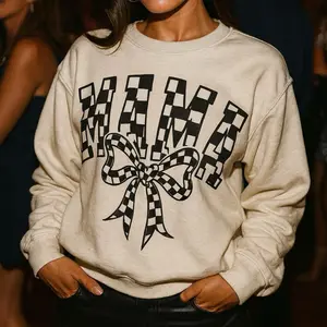 Pullover Womenswear Sweatshirt Gift with Trendy Mama Black and White Checkered Graphic Print Crewneck Drop Shoulders with relax fit lined for warmth without bulk all day comfort,gift for mom wife dauhter sister coworker rib on sleeve neckline