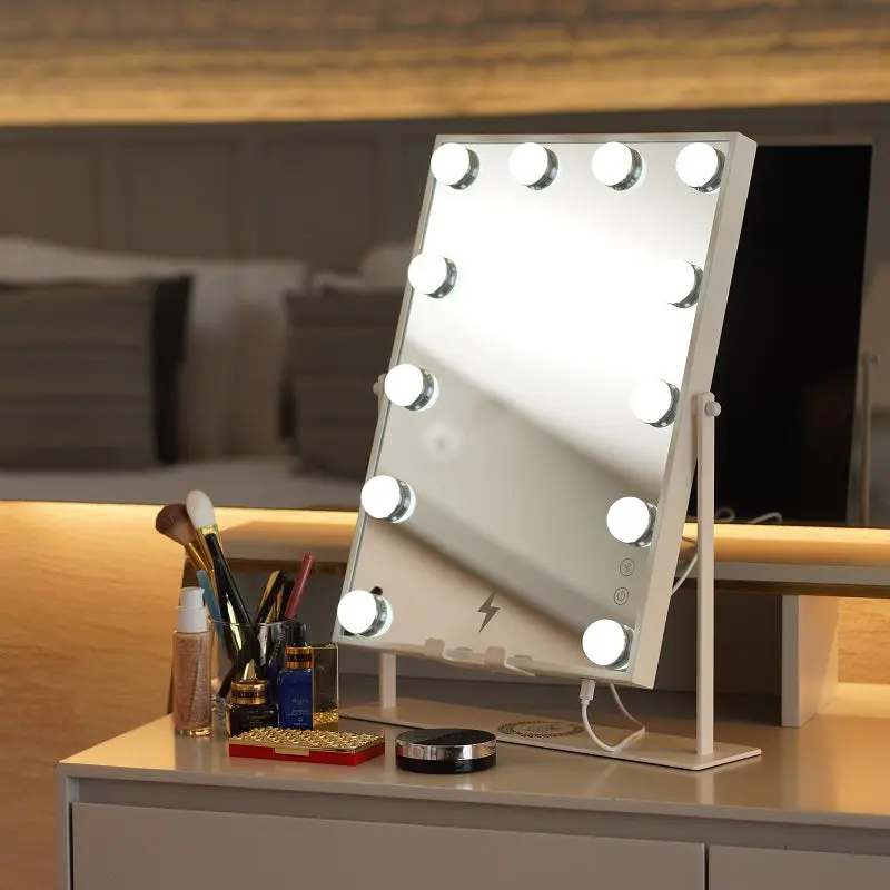 "the Bonny" Makeup Mirror - Bluetooth Music - LED Light Bulbs - Wireless Charge - Brightness Adjustable - Phone Holder - Speakers
