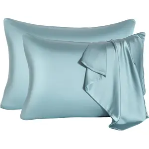 2 Pcs Mulberry Silk Pillowcase for Hair and Skin,Cooling Silk Pillow Case with Hidden Zipper,Allergen Dual Sides Soft Breathable Silk Pillow Cover for. (Standard-2PCS,Aqua Blue)