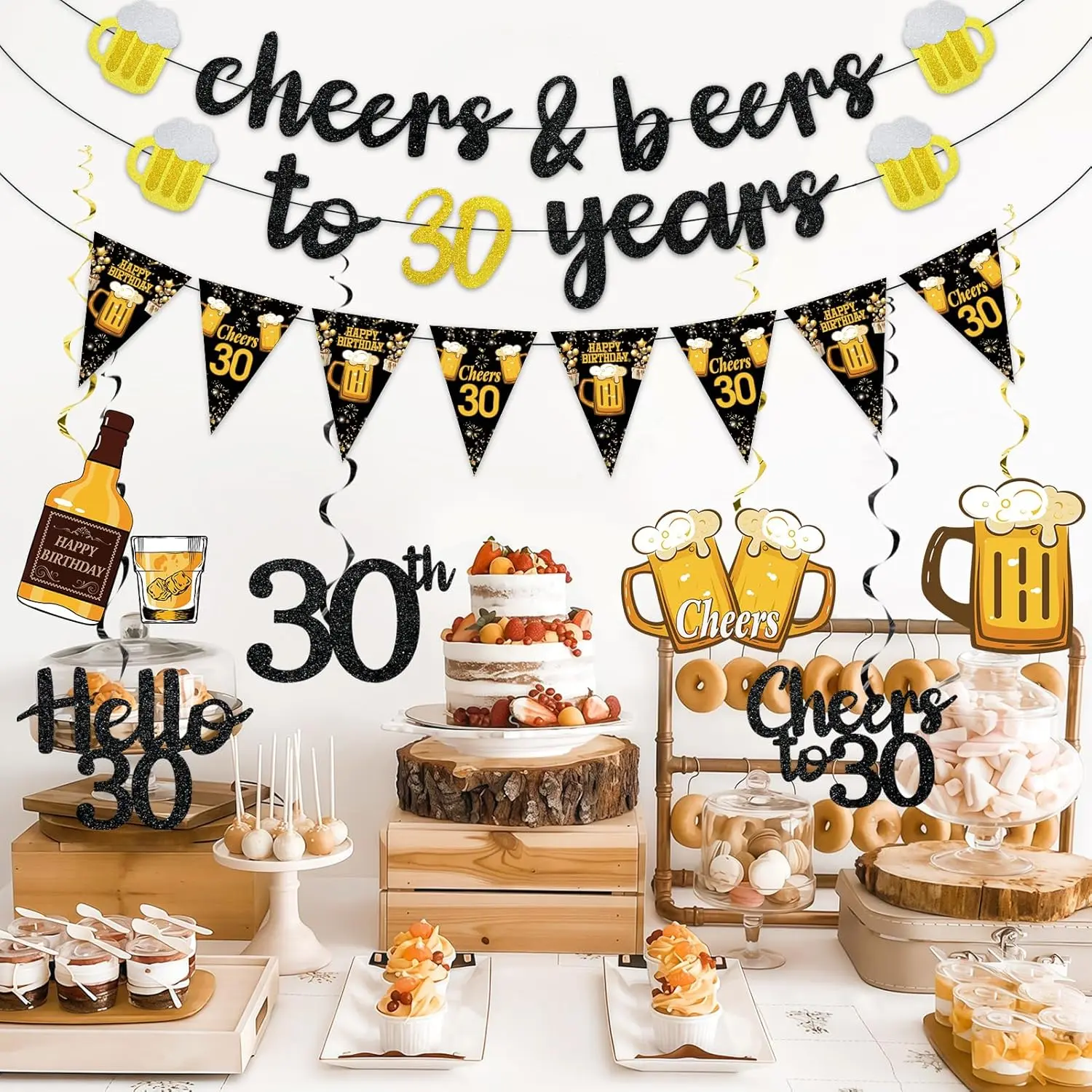 1996 Vintage 30th Happy Birthday All-in-1 No-DIY Kit for Adult Women - Black,Gold,Pink,Rose Gold Pre-Hanged Backdrop Banner,Sign,Balloons,Photo Prop,Cardstock Photo-Ready Supplies for Indoor Decor, Birthday Ideas