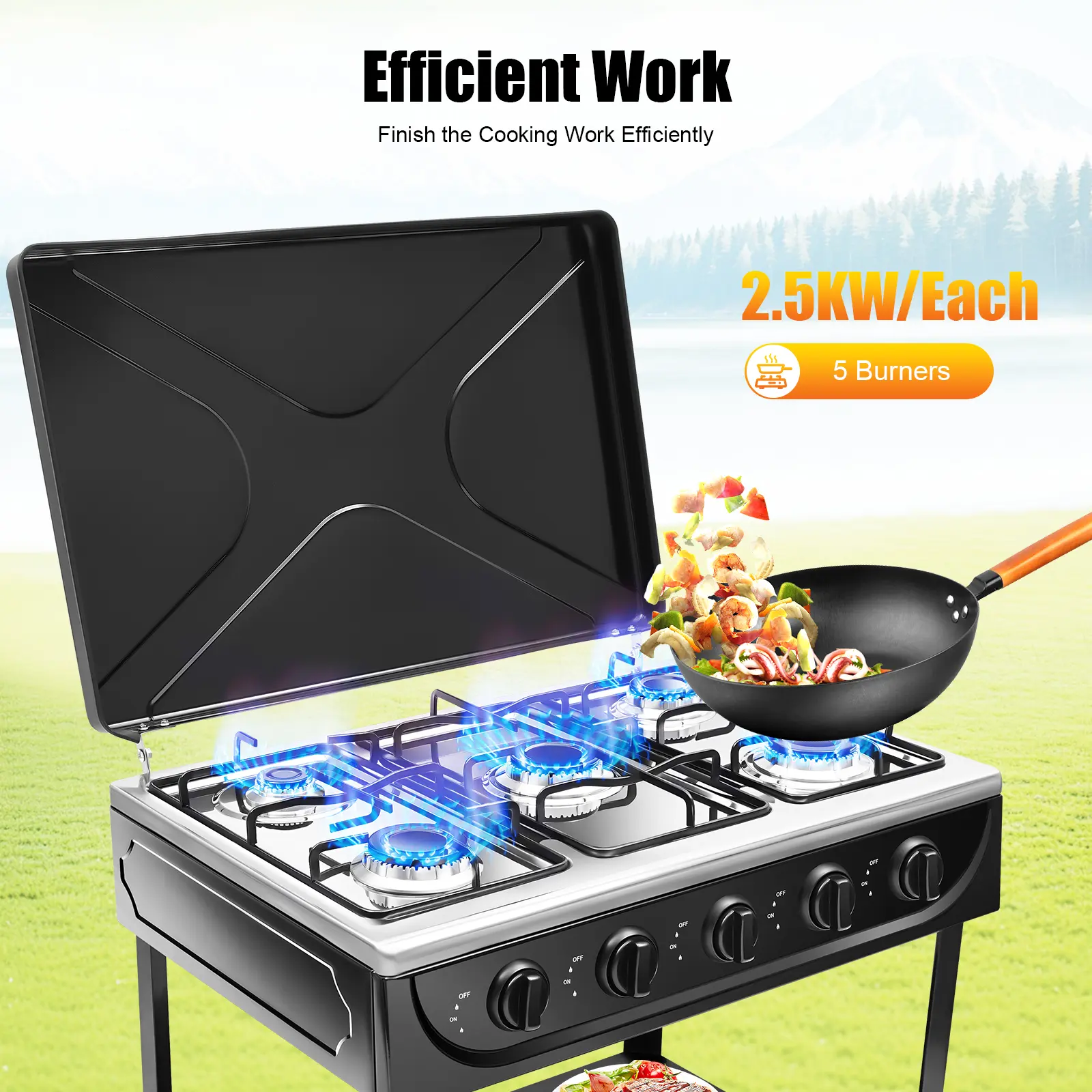 5-Burner Freestanding Gas Stove - Natural Gas Range for Home, Camping, 2.5KW Independent Burners, Adjustable Flames, Non-Slip ft, Protective Cover, Requires 10mm ID Non-Threaded User-Supplied Common Hose, 5 Burners