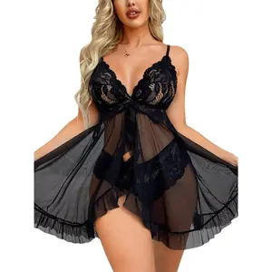 Baby doll lingerie for women, sexy maternity floral lace babydoll, mesh sheer thong two piece negligee lingerie set