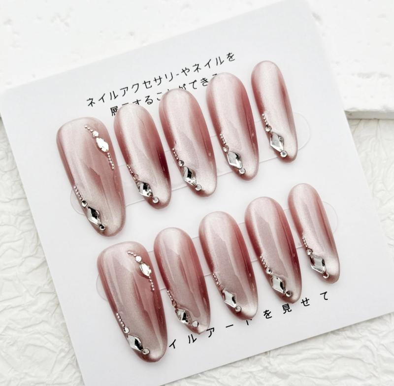 Delicate Crystal Rhinestone Long Almond Press on Nails - Pink Cat Eye Gel Polish (Handmade)