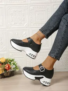 Women's Mary Jane Style Chunky Heel Shoes, Rhinestone Buckle, Breathable Textile, Casual All Season Footwear, Commuter Versatile, Walking Shoes