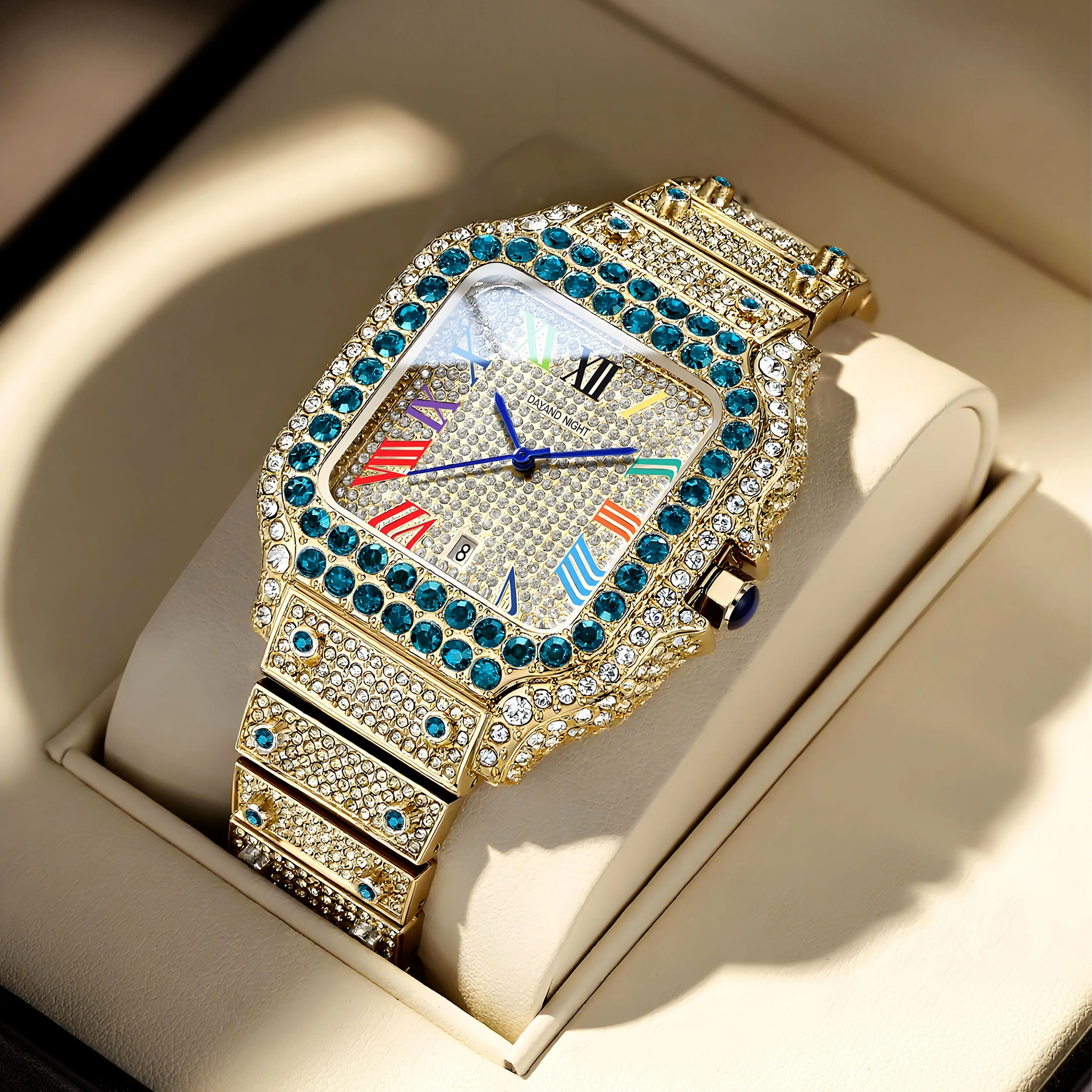 Dayand Night Watch, Unisex Luxury Square Diamond Gold-Plated Alloy Tennis Style, 42mm Analog-Digital Japan Quartz with Calendar for Anniversaries, Valentine's Day, Diamond Face, Anniversary Gift, Square Face