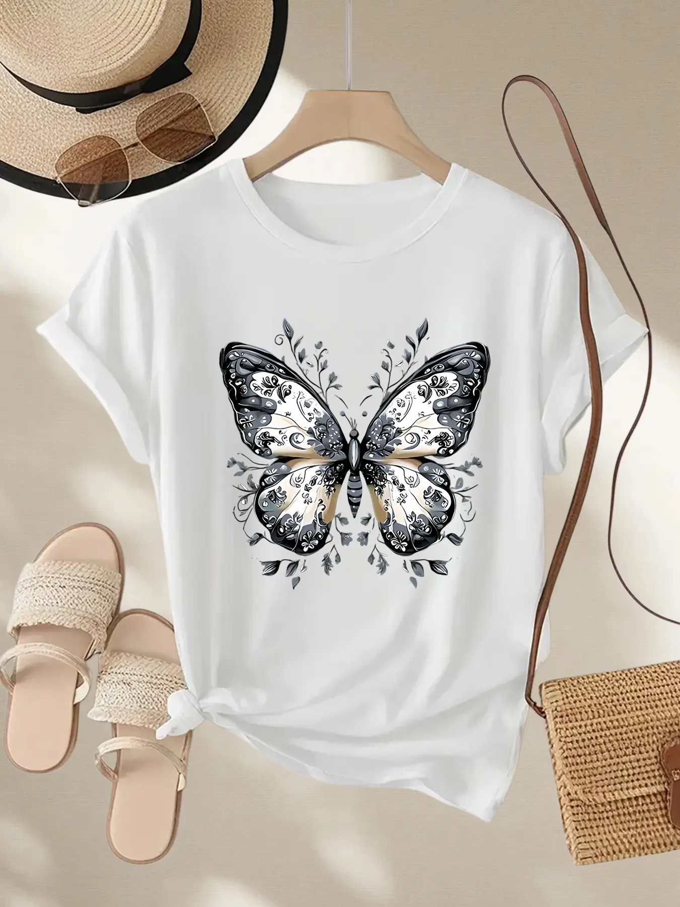 Women's Casual Short Sleeve T-Shirt, Butterfly Print, Spring Summer, Round Neck, Daily Wear, Female Clothing