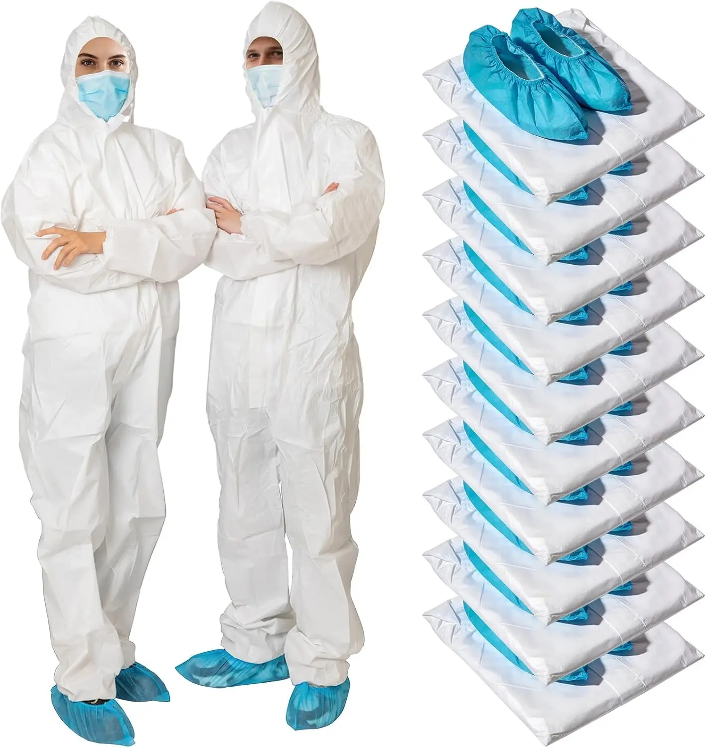 10 Pack Disposable Hazmat Suits Protective Coveralls with Hood Full Body Unisex Painters Suit 5 Sizes (M to XXXL)