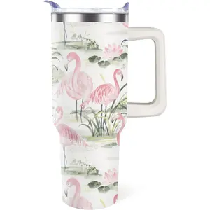 OccuPied Flamingo Tumbler with Handle Gifts for Women 40oz Stainless Steel Cup Water Bottle Insulated Travel Coffee Mug with Lid and Straw