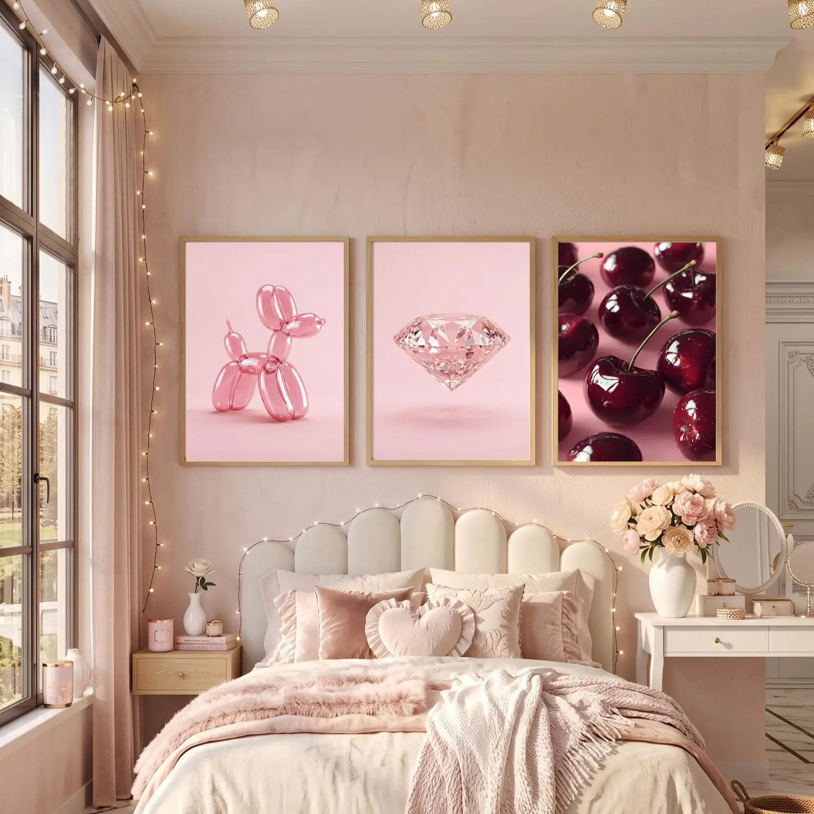 Pink Aesthetic Wall Art Set of 3, Cherry, Pink Diamond and Balloon Dog Printable Posters, Pink Poster Bundle, 50x70 cm Digital Download