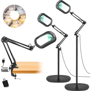 10X Magnifying Glass with Light and Stand, 3-in-1 Magnifying Floor Lamp with Clamp, 5 Color Modes LED Dimmable Standing Magnifier with Light Hands Free for Close Work, Sewing, Painting, Reading