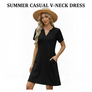 New Style Summer Casual V-Neck Loose Dress With Short Sleeves, Fashionable Beach Resort Outfit For Ladies