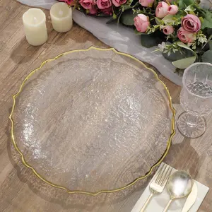 8-Pack Glass Charger Plates 13" Round Clear Gold Sunflower Scalloped Rim - Decorative Dinner Chargers