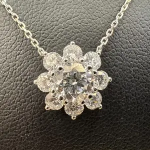 1.1ct 18K White Gold SunFlower Cluster Halo Setting Round Brilliant Cut Lab-Grown Pendant Necklace MDL0321-50