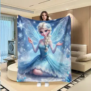 Frozen Elsa Flannel Blanket, Ice Blue Dress & Snowflake Effect, Soft Warm Fairy Tale Magic, Creative Digital Print, Holiday Gift