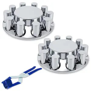 ABS Chrome Plastic Front Axle Wheel Covers Kit Removable Hub Cap with 33mm Push-On Flange lug Nut Covers for Semi Trucks (2-Piece Set)