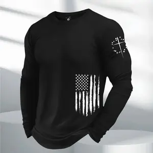 Men's 2026 fashion long-sleeved T-shirt, American street American flag cross printing style, suitable for all seasons, sports T-shirt suitable for outdoor sports and sports wear, long T-shirt with boyfriend's preferred temperament