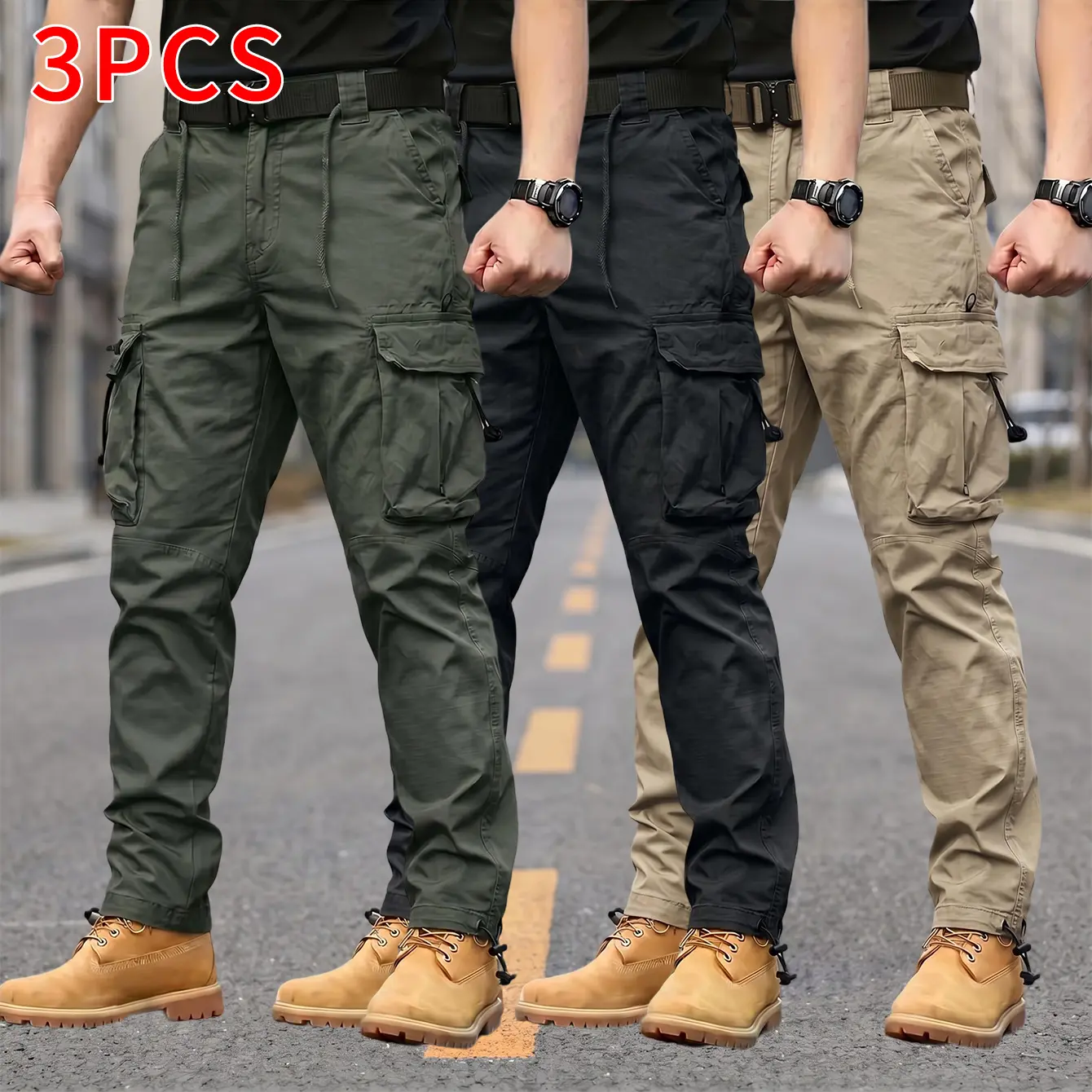 3-Pack Tactical Cargo Straight-Leg Pants for Men, Adjustable Cuffs, Multiple Pockets, Durable Outdoor Casual Long Pants
