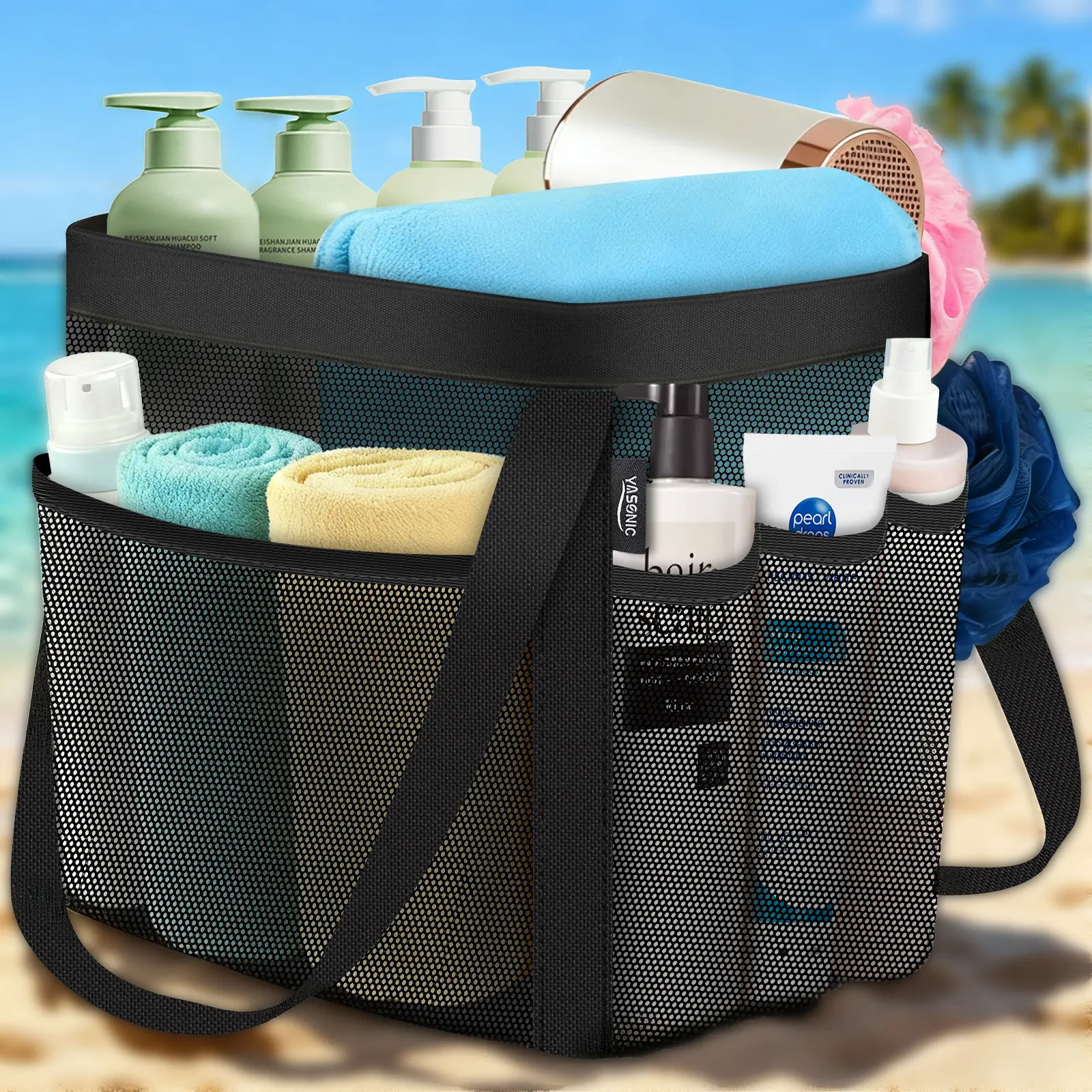 【YASONIC】Mesh Shower Caddy - Bathroom Shower Equipment Organizer, 8-Pocket Multi-Compartment Odorless Quick-Dry Storage Bag with 2 Handles for College Dorm Toiletry, Gym