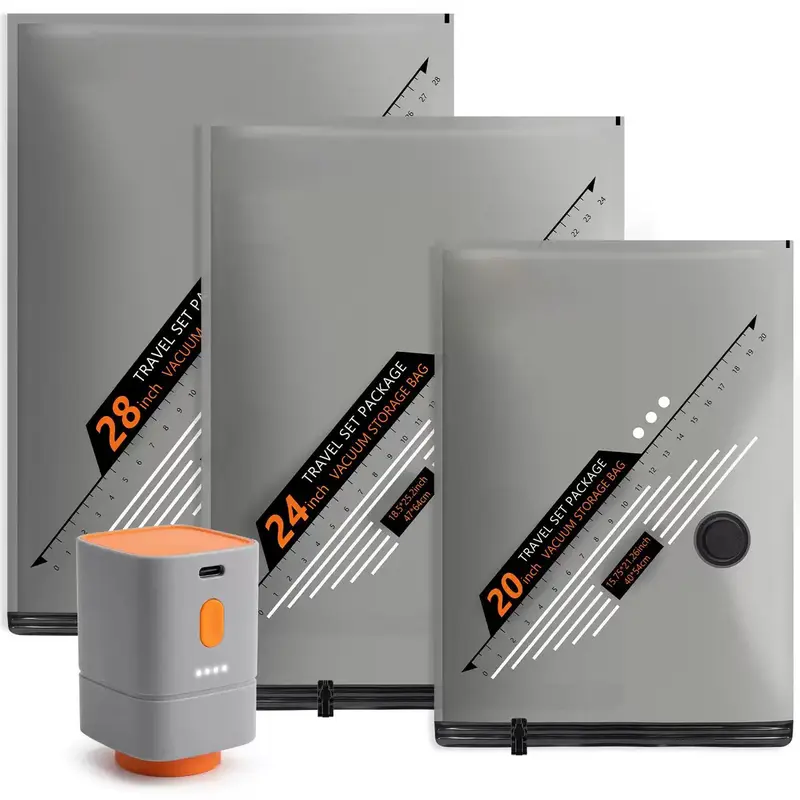 【2026 Upgraded】Cordless Vacuum Packing Pump Set, 5Kpa Compression, Hand-Free Operation, Lightweight for Easy Carrying, Transparent Right-Angle Design, Home Organizer with 28/24/20in Zipper Pouches (10/15/20pcs) for Travel, Transparent Bags Reveal Contents
