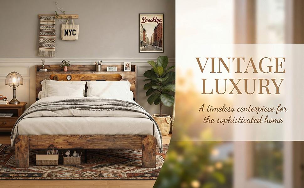 ARCH Bed Frame Farmhouse Queen Size with Storage Headboard & USB Charging Station LED Lights Wood Platform No Box Spring Needed Rustic Brown Bedroom Furniture