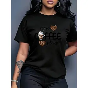 100% cotton women's versatile short-sleeve T-shirt with coffee, ice cream, and heart prints, round neck, casual style, elegant and romantic summer wear, fashionable for commuting, vacation, and everyday casual wear