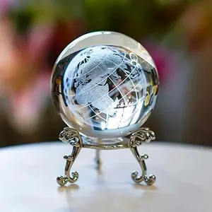 Earth Design Glass Ball, Creative Glass Ball with Metal Stand, Desktop Decoration Craft, Desktop Ornament for Home Office Decor