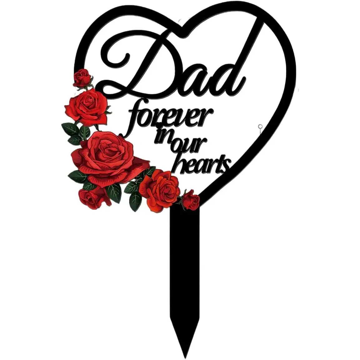 Memorial Stake for Dad - Metal Heart Grave Marker with Red Roses, Memorial Plaque Cemetery Decor for Grave, Garden, Gravesite