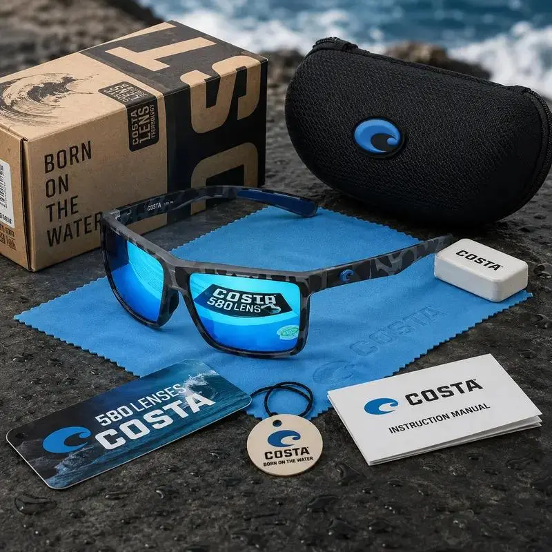 Full Box Costa Del Mar Rinconcito Costa 580G Men’s Polarized Sunglasses Black Frame Blue Mirror Lens UV400 Fishing Driving Outdoor Sport Glasses with Case Box