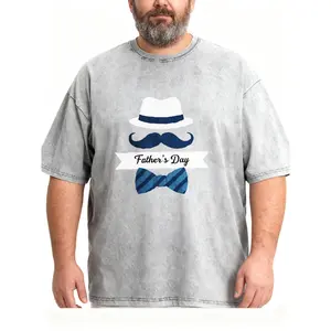 Men's Plus Size Father's Day Mustache & Hat Washed T-Shirt, Gentleman Style Short Sleeve Tee