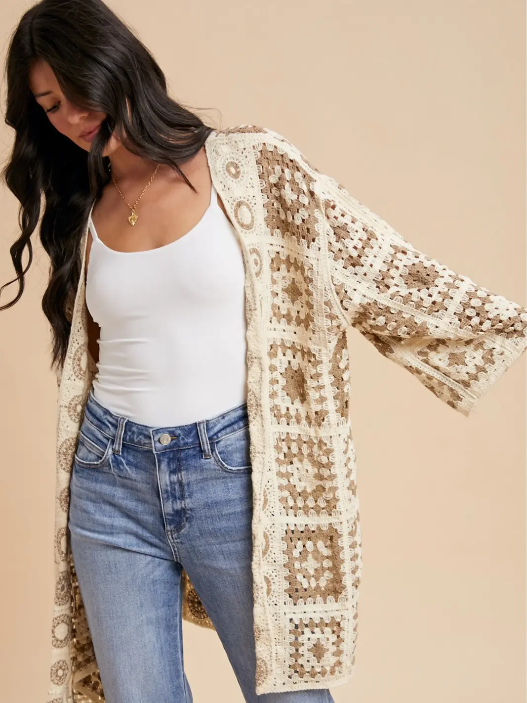 Crochet Granny Square Knit Long Cardigan