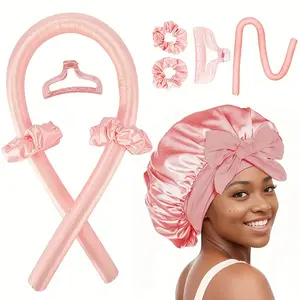 Champagne Large Bath Cap Set, No Heat Curling Kit, Silk Texture Night Hair Rollers, Headband Included, Suitable for All Ages