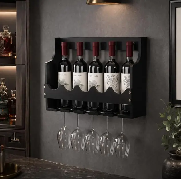 Wood Rustic Wall-Mounted Bamboo Wine Rack with Glass Holder - 5-Bottle, Space-Saving Kitchen Storage Cabinet Organizer for Kitchen & Bar, 4 Colors, 5.2"D x 17"W x 12.3"H