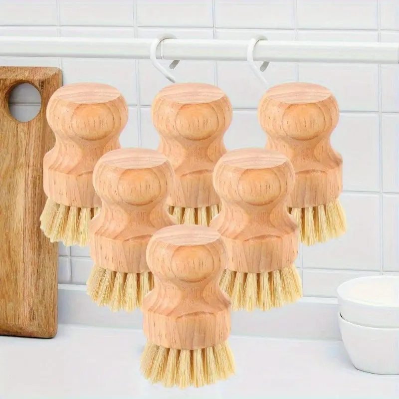 6pcs Natural Wood Bamboo Brush Set - 7.8 x 5.5 x 2 cm Small Size, Non-Scratching, Durable, Compact, Simple, Easy-to-Use Daily Stain Remover for Kitchen & Dining Utensils