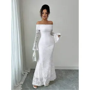 Elegant Fashion Young Minimalist Versatile Fitted Off Shoulder Flared Sleeve Mermaid Midi Dress For Women, Autumn Fabric Formal