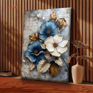 1pc Elegant Blue & White Floral Canvas Art Print, 2D Flat Wooden Framed Wall Decor, Ready to Hang, Ideal for Living Room & Bedroom, Perfect for Festival Party Decor and Gifts, Wall Decor