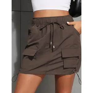 Women's Cargo Skirt Y2k High Waisted Mini Skirts Sexy Trendy Side Drawstring Pencil Bodycon Short Skirts with Pockets Fabric Womenswear Bottom Palda