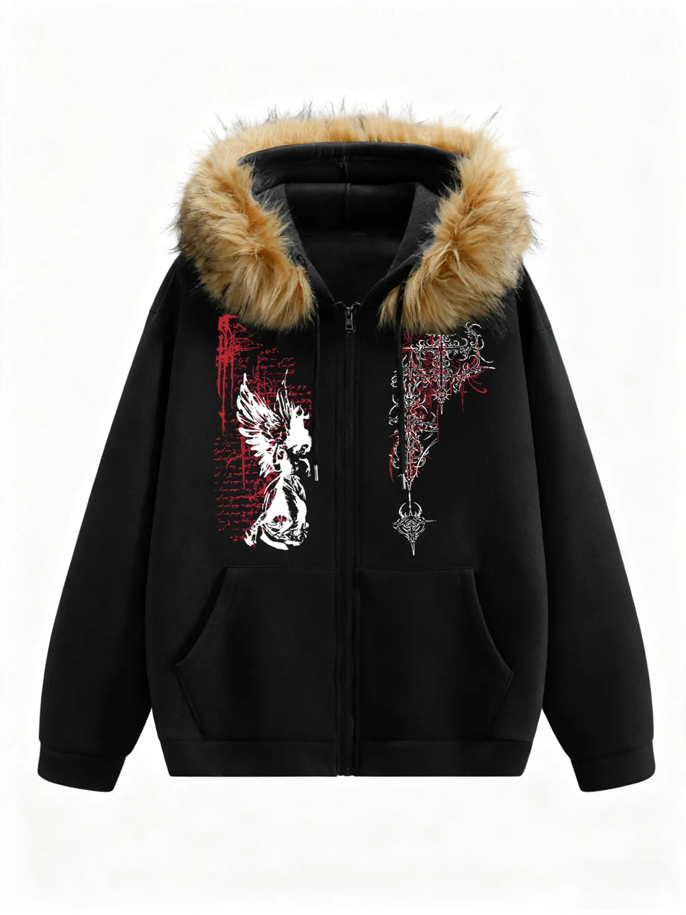 Women's Drawstring Pocket Zipper Cardigan, Detachable Fur Collar, Angel & Letter Print, Casual Loose Fit, Fall & Winter Warm Sweatshirt