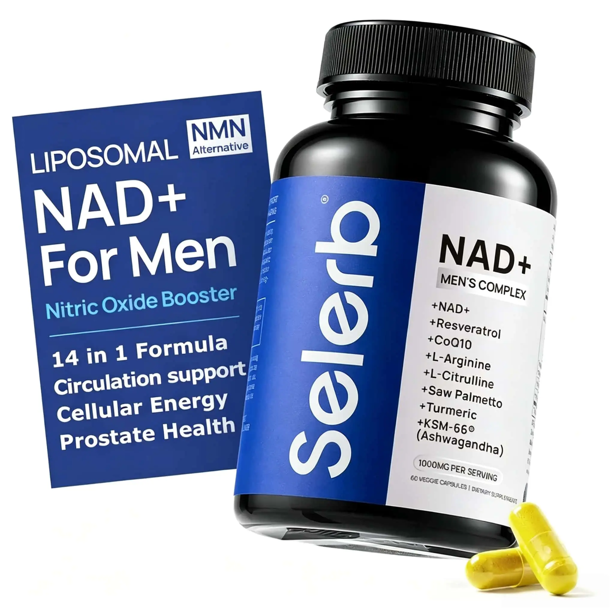 Selerb NAD+ Supplement for Men – With Liposomal-NAD+,CoQ10, L-Carnitine, L-Arginine, Maca & Ashwagandha Fitness – Energy, Circulation & Prostate Support – 60 Capsules Edible Dietary  Vitamin Healthcare Natural