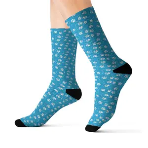 Paw Print Socks, Cute Stylish Animal Print Socks, Teal Blue Backing with White Dog Paw Print Heart Pattern, Casual