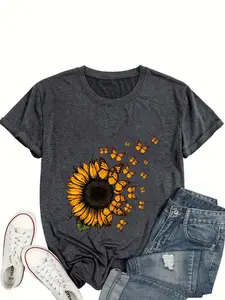 【Plus Size】 Sunflower Print Round Neck Tee, Casual Short Sleeve Crew Neck T-shirt for Daily Wear, Women Plus Clothing for All Seasons, Top