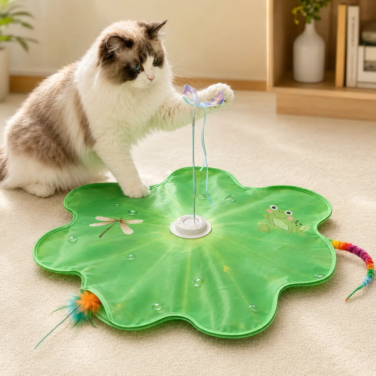 Interactive Cat Toy Mat, 3-in-1 Hide & Seek Cat Toy with Fluttering Butterfly, Moving Feathers & Prey Sounds, USB-C Rechargeable Toy for Indoor Cats