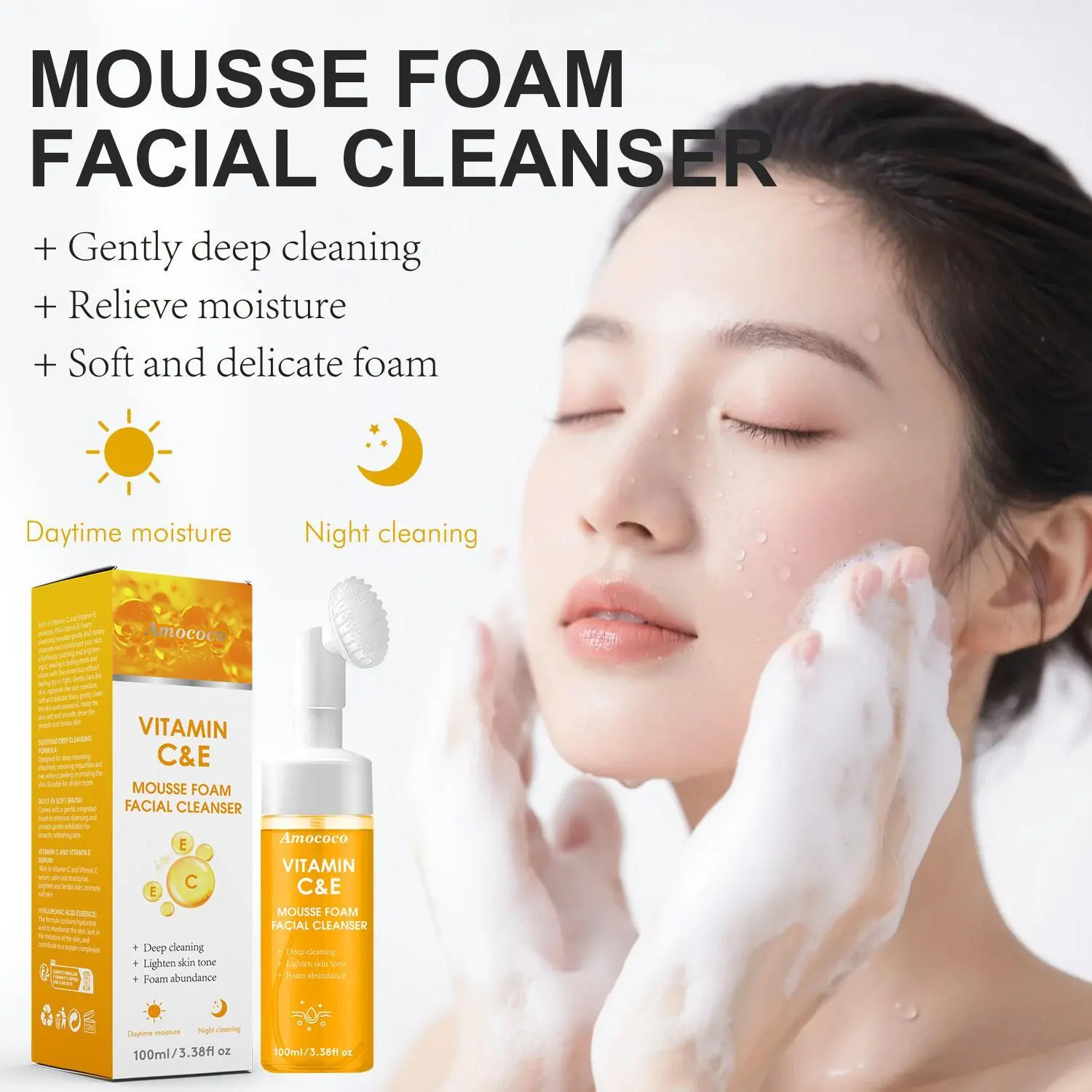Amococo Vitamin C & E Face Cleanser for Oily Skin - Brightening & Deep Cleaning Foaming Mousse, 100ml