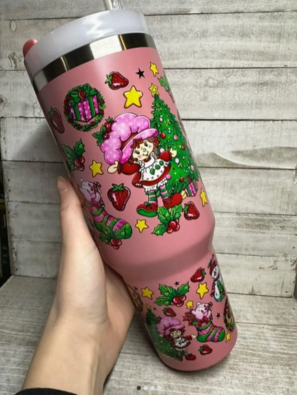 Berry Shortcake Holiday Inspired 40oz Tumbler with Handle, Christmas Cartoon Travel Mug, Double Wall Insulated Cup