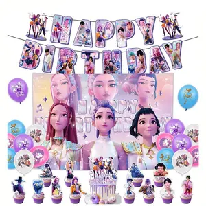 Kpop Demon Hunter Birthday Decoration Party Set for Kids & Adults Includes Banner Cupcake Toppers & Background Cloth Perfect for Celebrations