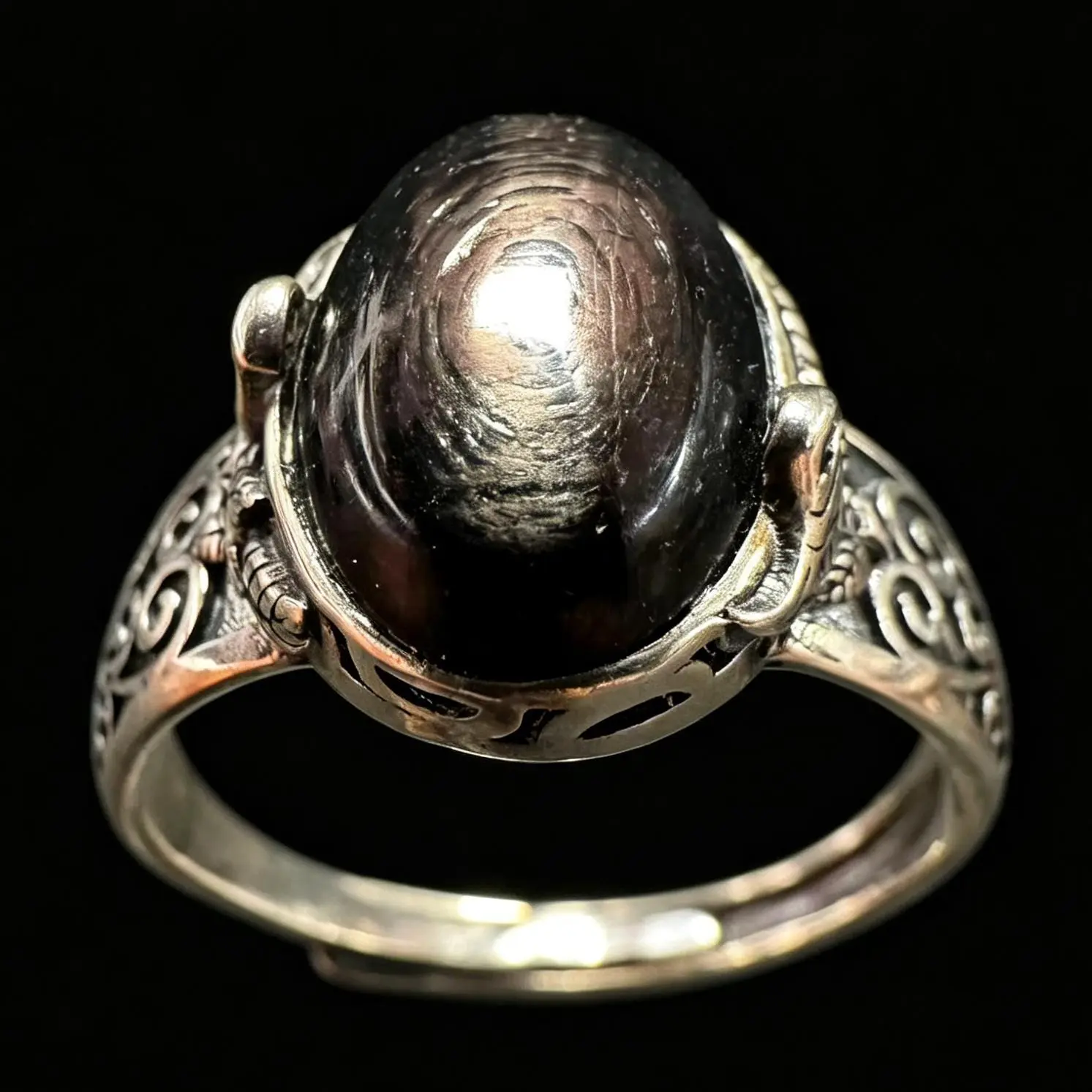 Luxury Natural Crystal Ring, 925 Sterling Silver Vintage Adjustable Ring with Oval Natural Hypersthene Grounding Crystal, Bird Leaf Scroll Design, Luxury Natural Crystal Rings
