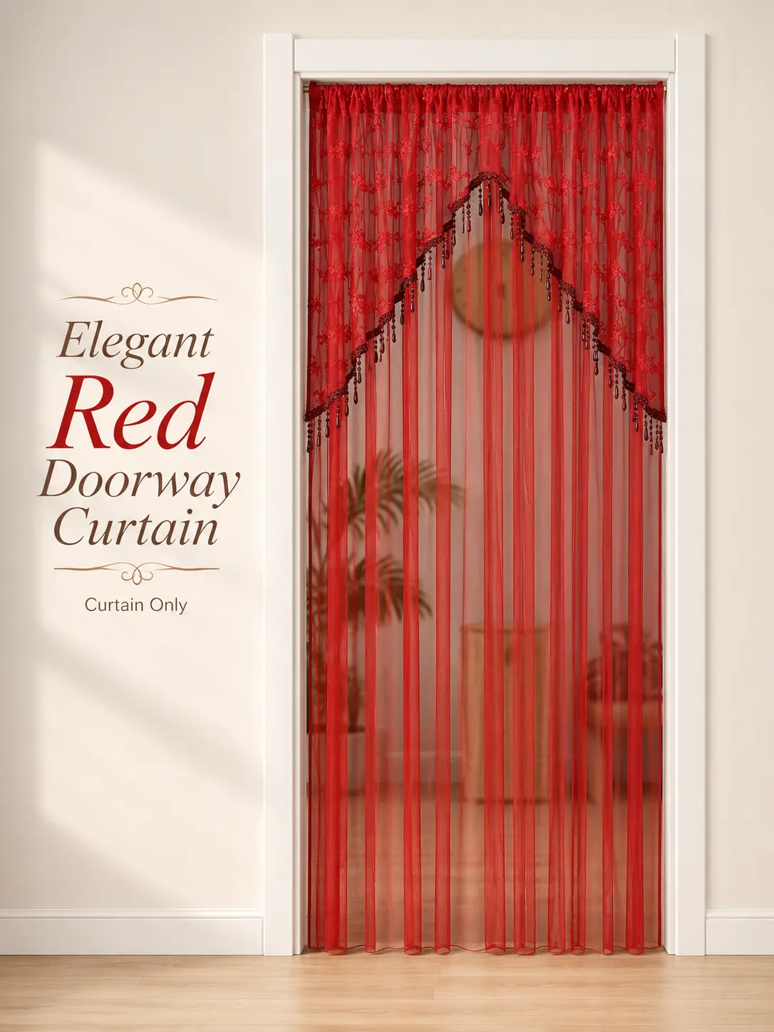 Red sheer curtain with a beaded lace valance and tie-back design, perfect for decorating weddings, Christmas celebrations, bedrooms, and parties