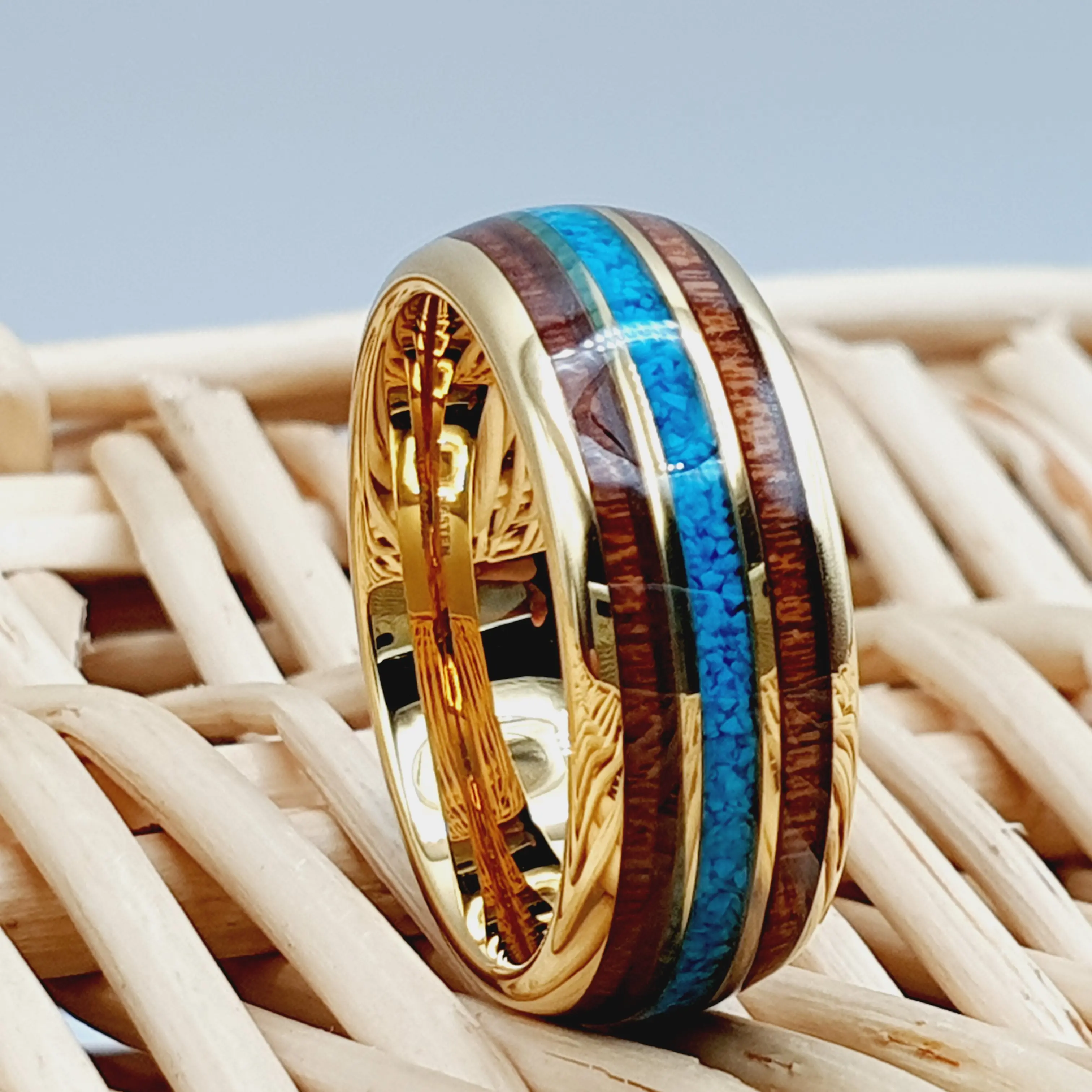 Unique Turquoise Tungsten Wedding Band with Koa Wood Ring for Men