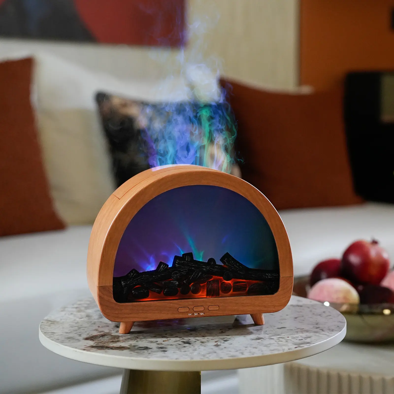 Fireplace Aromatherapy Diffuser, 200ML Wood Grain Essential Oil Diffuser with LED Flame Effect, Color Changing Lights & Timer for Bedroom, Living Room and Office